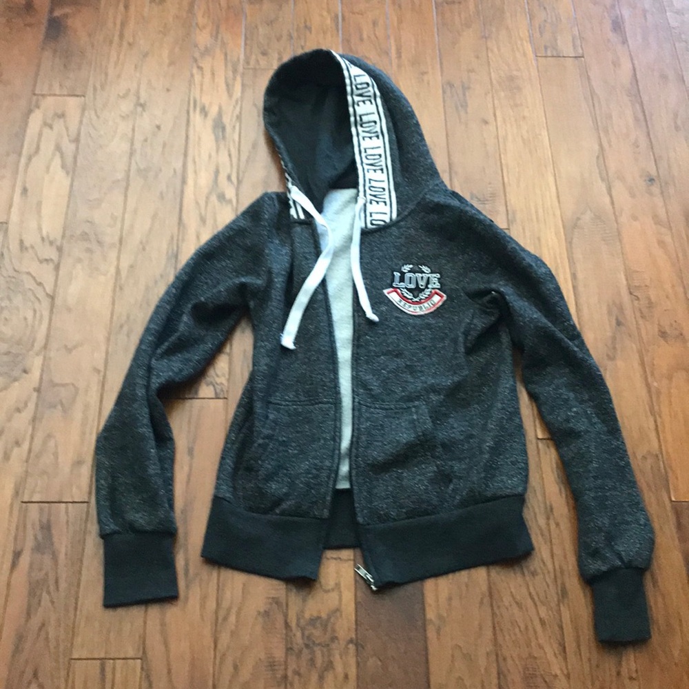 dark gray LOVE zip-up hoodie